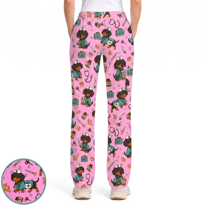 Funny Dachshund Pattern Medical Shirt Nursing, Cute Wiener Dog Nurse Scrub Top, Breathable Med Uniform, RN CNA Doctor Scrubs