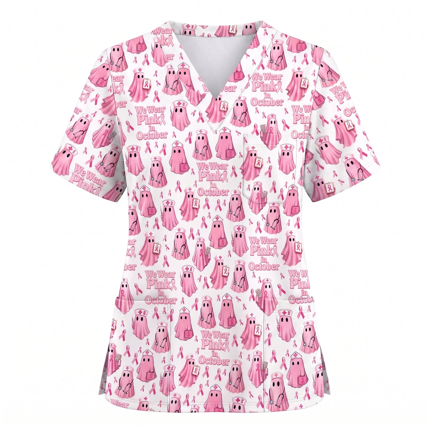 Funny Breast Cancer Awareness Scrub Top, We Wear Pink In October & Ghost Pattern Nurse Uniform, Gift for RN LPN CNA
