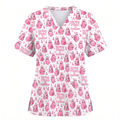 Funny Breast Cancer Awareness Scrub Top, We Wear Pink In October & Ghost Pattern Nurse Uniform, Gift for RN LPN CNA