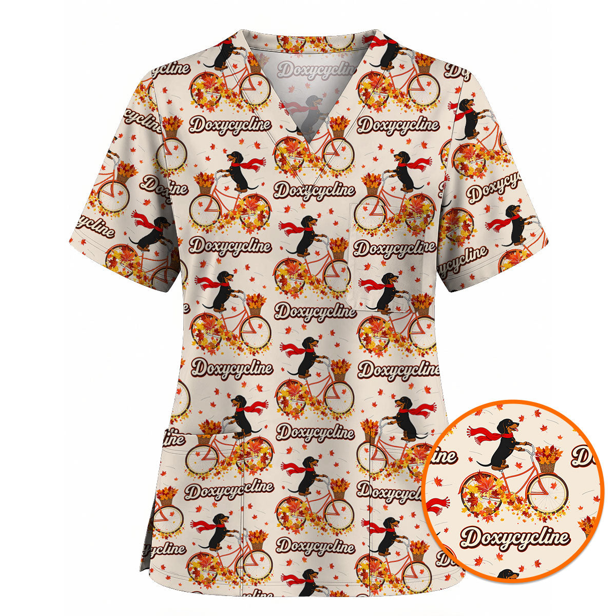 Autumn Dachshund Scrub Top, Cute Wiener Dog Fall Nursing Uniform, Breathable Veterinary Scrub Shirt