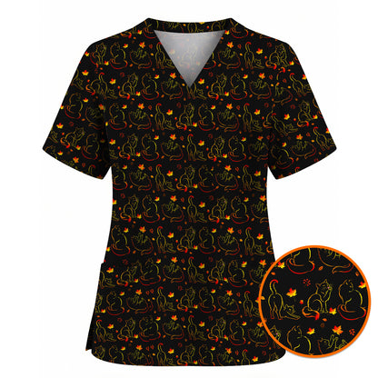 Autumn Black Cat Scrub Top, Fall Cat Nursing Uniform for Cat Lovers, Comfortable Feline Medical Scrubs For Nurse