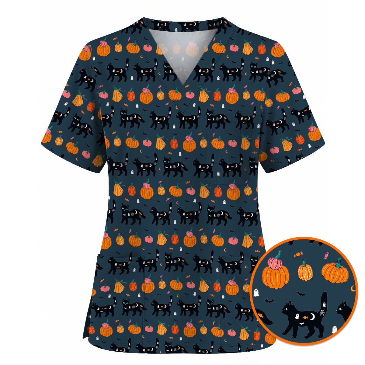 Halloween Black Cat Scrub Top, Pumpkin Cat Print Scrubs, Spooky Nurse Uniform
