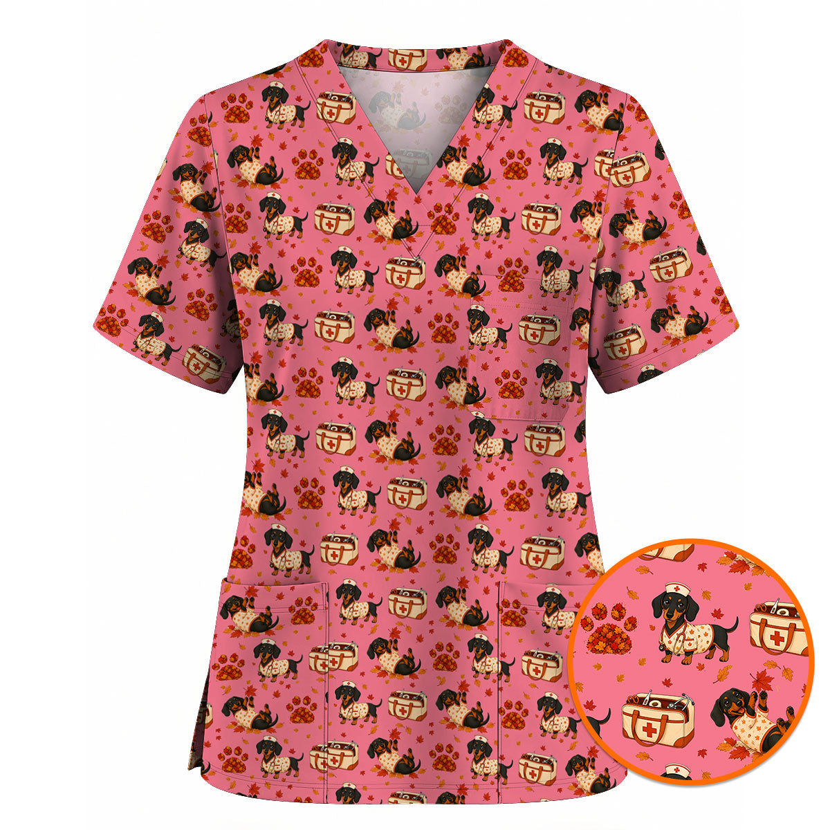 Fall Dachshund Scrub Top, Autumn Wiener Dog Nurse Uniform for Veterinary Professionals, Breathable Fabrics Nursing Scrubs for Dog Lovers