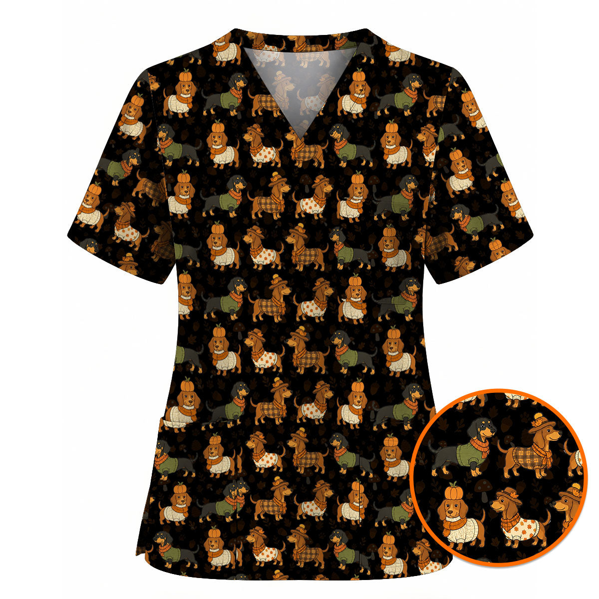 Autumn Dachshund Scrub Top, Cute Fall Wiener Dog Nursing Scrubs for Dog Lovers, Breathable Fabrics Nursing Uniform