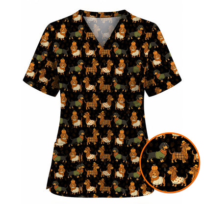 Autumn Dachshund Scrub Top, Cute Fall Wiener Dog Nursing Scrubs for Dog Lovers, Breathable Fabrics Nursing Uniform