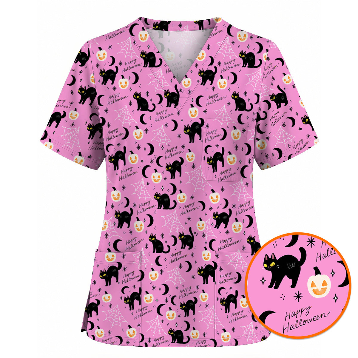 Black Cat Halloween Scrub Top, Cute Pumpkin Nurse Scrubs, Spooky Season Medical Uniform