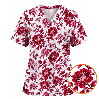 Peony Floral Scrub Top for Women, Elegant Peony Nurse Scrub Shirt, Floral Nursing Uniform For Healthcare Workers
