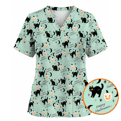 Black Cat Halloween Scrub Top, Cute Pumpkin Nurse Scrubs, Spooky Season Medical Uniform