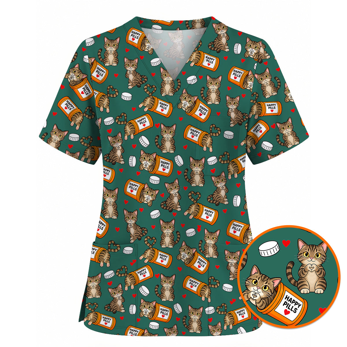 Tabby Cat Nurse Scrub Top, Happy Pills Medical Scrubs, Cute Cat Lover Healthcare Uniform