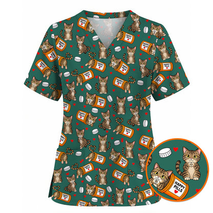 Tabby Cat Nurse Scrub Top, Happy Pills Medical Scrubs, Cute Cat Lover Healthcare Uniform