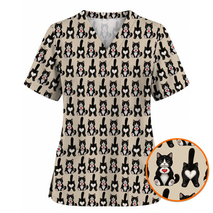 Funny Tuxedo Cat Pattern Scrub Top, Cute Cat Nurse Scrubs, Breathable Fabrics Nursing Uniform