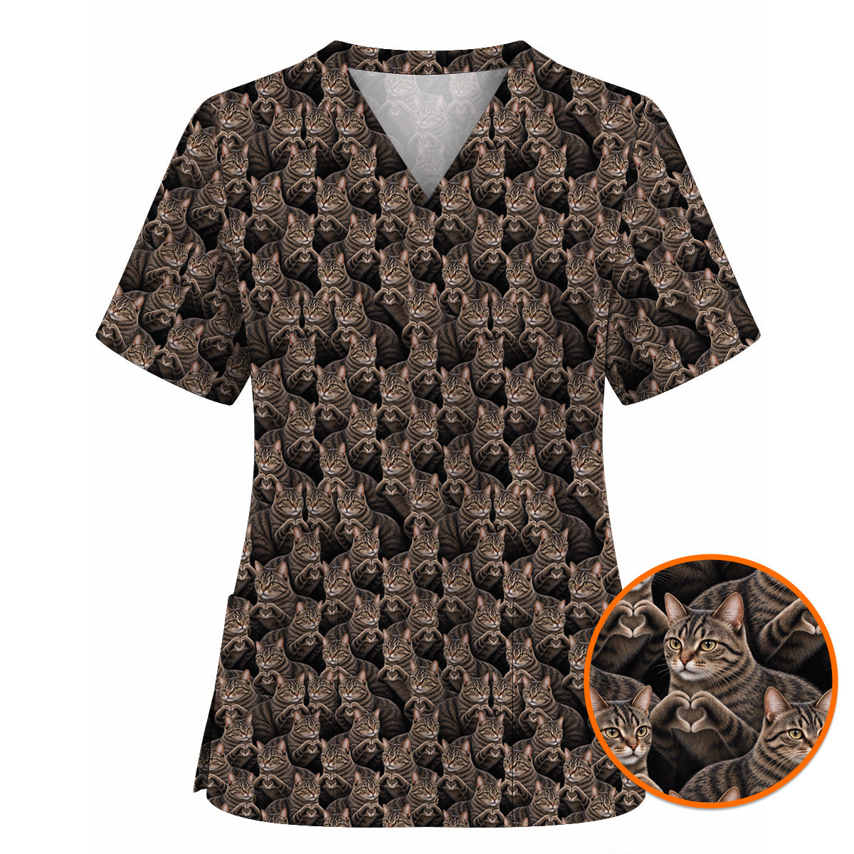 Tabby Cat Pattern Scrub Top, Brown Tabby Cat Nurse Scrubs, Cat Lover Nursing Uniform