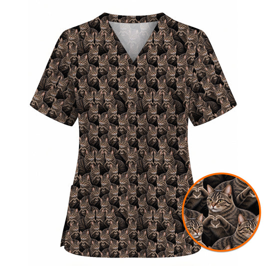 Tabby Cat Pattern Scrub Top, Brown Tabby Cat Nurse Scrubs, Cat Lover Nursing Uniform
