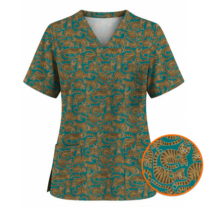 Cute Tabby Cat Pattern Scrub Top, Brown Tabby Cat Nursing Uniform for Cat Lovers, Comfortable Feline Scrubs for Nurses
