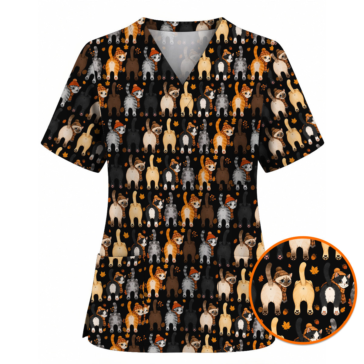 Funny Autumn Cat Scrub Top, Cozy Fall Cat Scrubs Nurse for Cat Lovers, Breathable Fabrics Nursing Uniform