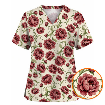 Peony Floral Pattern Scrub Top, Crazy Pink Peony Nurse Scrubs, Breathable Fabrics Nursing Uniform