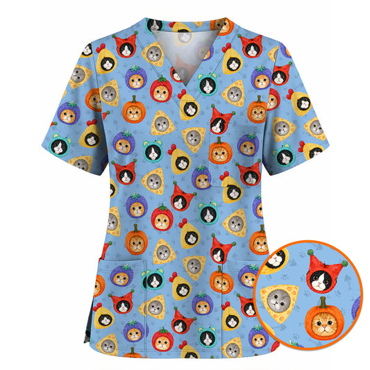 Funny Cat Pattern Scrub Top, Cute Kitty Nursing Uniform for Cat Lovers, Comfortable Medical Scrubs for Nurses