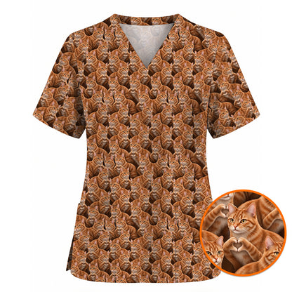Orange Tabby Cat Pattern Scrub Top, Ginger Cat Nurse Scrubs For Cat Lover, Breathable Fabrics Nursing Uniform