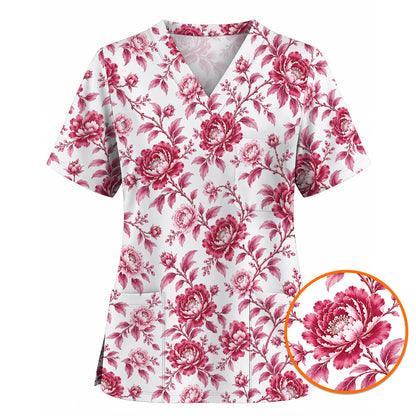 Peony Floral Scrub Top for Women, Elegant Peony Nurse Scrub Shirt, Floral Nursing Uniform For Healthcare Workers