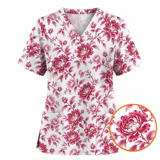 Peony Floral Scrub Top for Women, Elegant Peony Nurse Scrub Shirt, Floral Nursing Uniform For Healthcare Workers