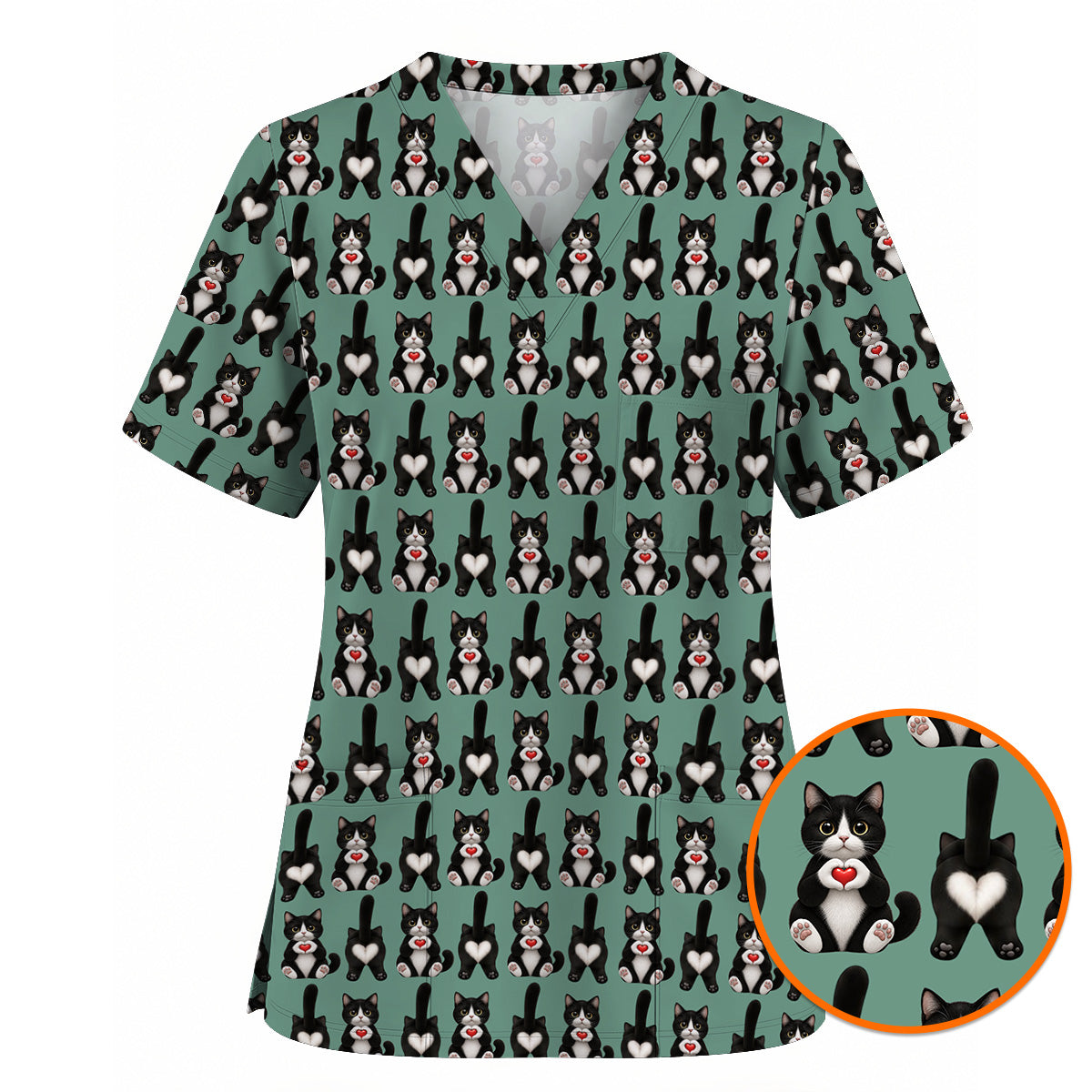 Funny Tuxedo Cat Pattern Scrub Top, Cute Cat Nurse Scrubs, Breathable Fabrics Nursing Uniform