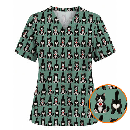Funny Tuxedo Cat Pattern Scrub Top, Cute Cat Nurse Scrubs, Breathable Fabrics Nursing Uniform