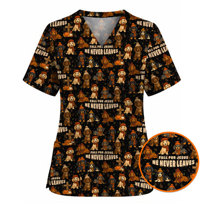 Autumn Dachshund Scrub Top, Wiener Dog Fall Nursing Uniform for Dog Lovers, Comfortable Scrubs for Nurses