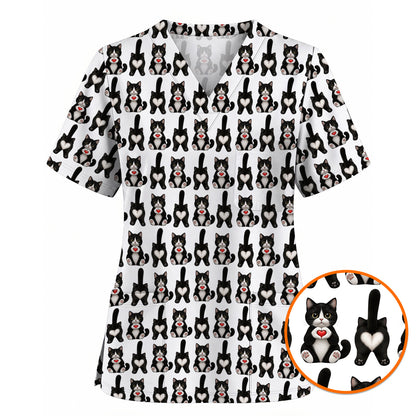 Funny Tuxedo Cat Pattern Scrub Top, Cute Cat Nurse Scrubs, Breathable Fabrics Nursing Uniform