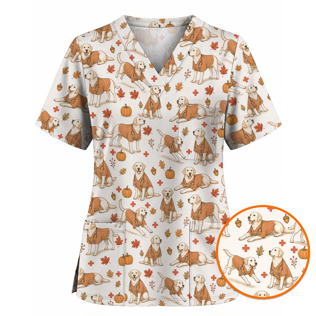 Fall Labrador Retriever Scrub Top, Autumn Labrador Nursing Uniform for Healthcare Workers, Comfortable Scrubs for Nurses