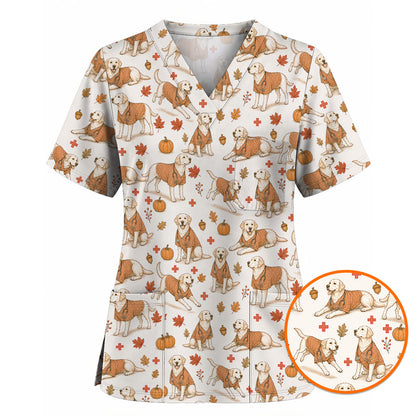 Fall Labrador Retriever Scrub Top, Autumn Labrador Nursing Uniform for Healthcare Workers, Comfortable Scrubs for Nurses