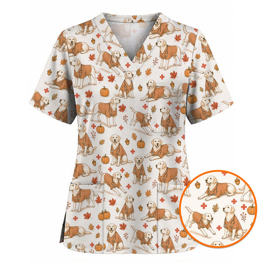 Fall Labrador Retriever Scrub Top, Autumn Labrador Nursing Uniform for Healthcare Workers, Comfortable Scrubs for Nurses