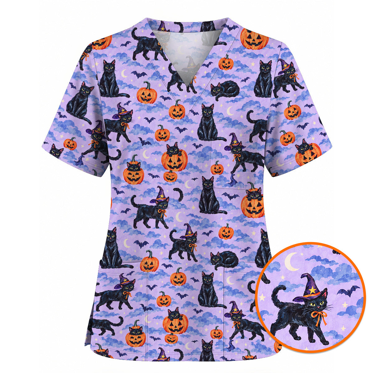 Black Cat Halloween Scrub Top, Witchy Pumpkin Nurse Scrubs, Spooky Season Healthcare Uniform
