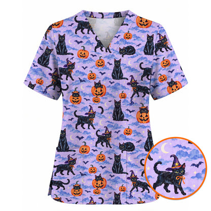 Black Cat Halloween Scrub Top, Witchy Pumpkin Nurse Scrubs, Spooky Season Healthcare Uniform