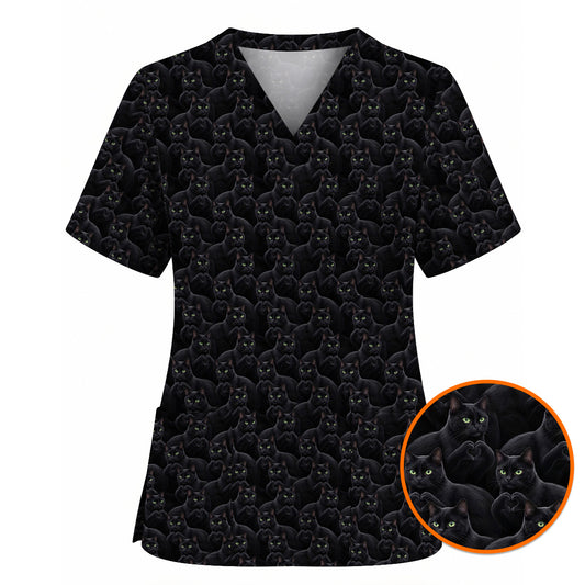 Black Cat Scrub Top for Cat Lovers, Cute Black Cat Nursing Uniform, Comfortable Feline Medical Scrubs For Nurse