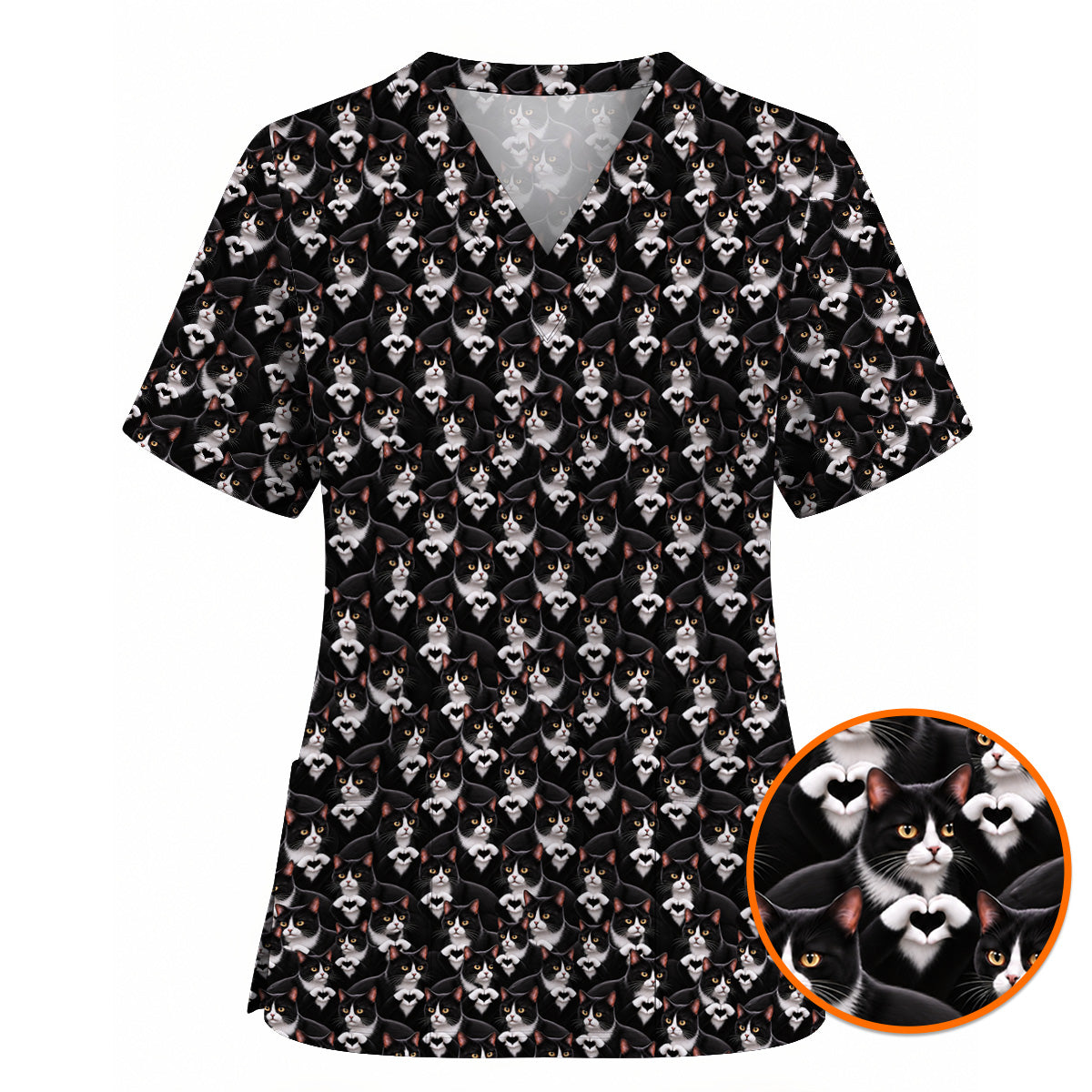 Tuxedo Cat Pattern Scrub Top, Black And White Cat Nurse Scrubs, Breathable Fabrics Nursing Uniform