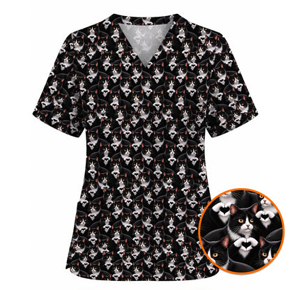 Tuxedo Cat Pattern Scrub Top, Black And White Cat Nurse Scrubs, Breathable Fabrics Nursing Uniform