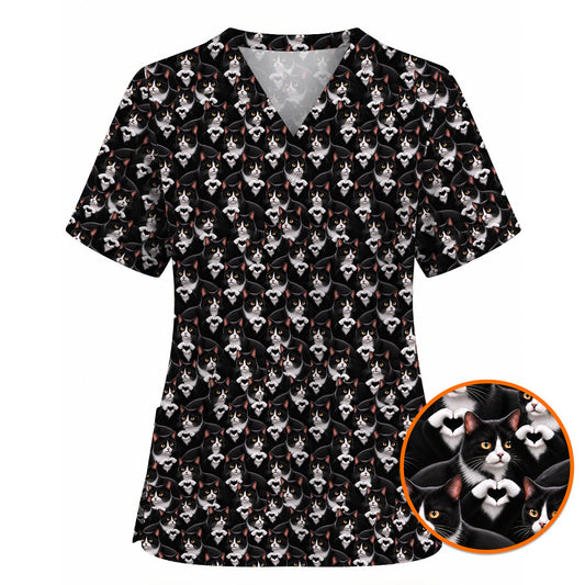 Tuxedo Cat Pattern Scrub Top, Black And White Cat Nurse Scrubs, Breathable Fabrics Nursing Uniform