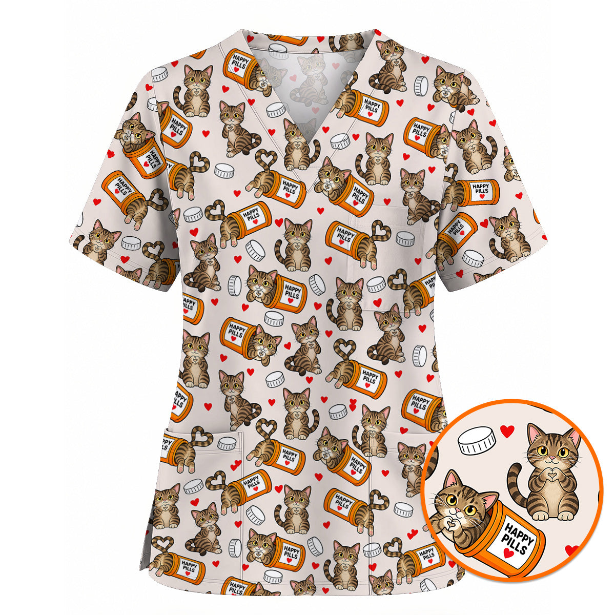 Tabby Cat Nurse Scrub Top, Happy Pills Medical Scrubs, Cute Cat Lover Healthcare Uniform