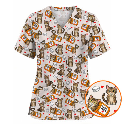 Tabby Cat Nurse Scrub Top, Happy Pills Medical Scrubs, Cute Cat Lover Healthcare Uniform