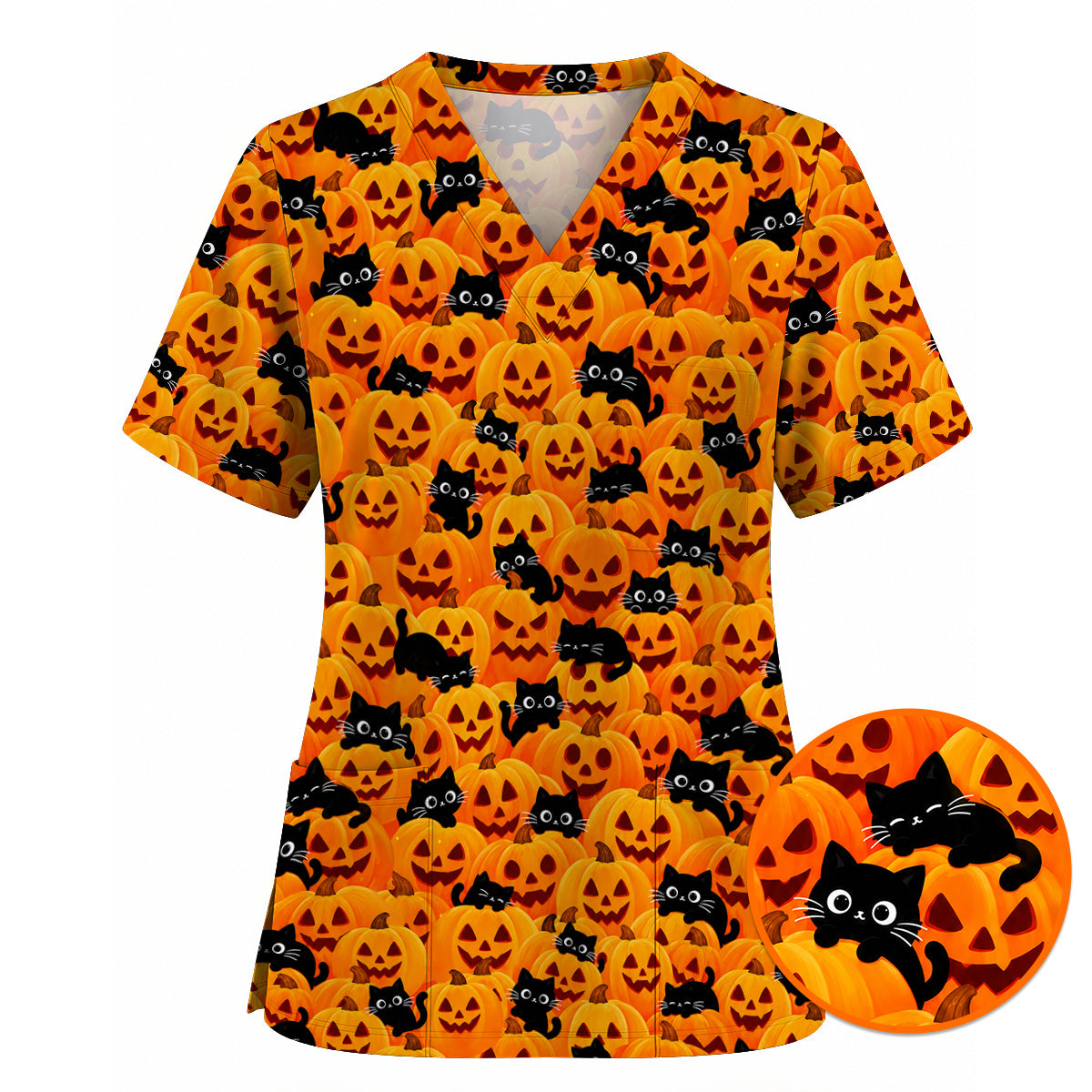 Halloween Cat Scrub Top, Pumpkin Nurse Scrubs, Spooky Season Scrub Uniform