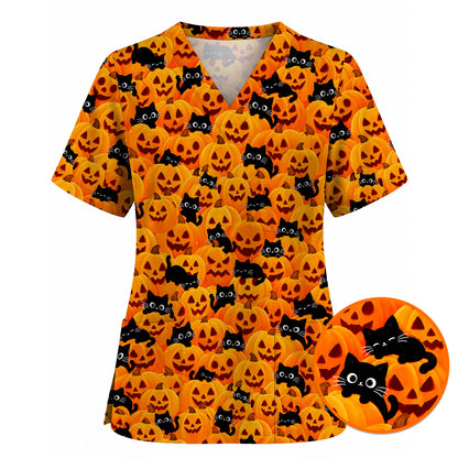 Halloween Cat Scrub Top, Pumpkin Nurse Scrubs, Spooky Season Scrub Uniform