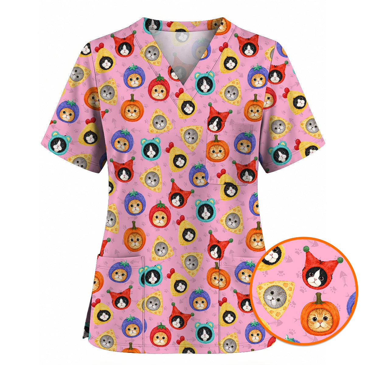 Funny Cat Pattern Scrub Top, Cute Kitty Nursing Uniform for Cat Lovers, Comfortable Medical Scrubs for Nurses