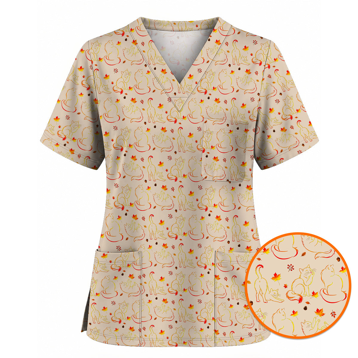 Autumn Black Cat Scrub Top, Fall Cat Nursing Uniform for Cat Lovers, Comfortable Feline Medical Scrubs For Nurse