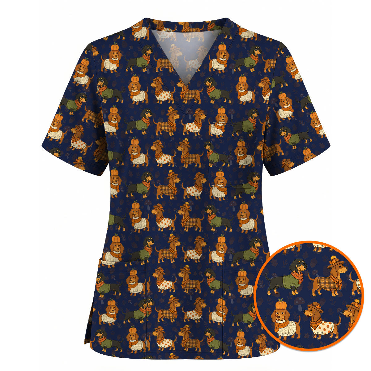 Autumn Dachshund Scrub Top, Cute Fall Wiener Dog Nursing Scrubs for Dog Lovers, Breathable Fabrics Nursing Uniform
