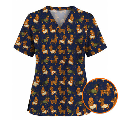 Autumn Dachshund Scrub Top, Cute Fall Wiener Dog Nursing Scrubs for Dog Lovers, Breathable Fabrics Nursing Uniform