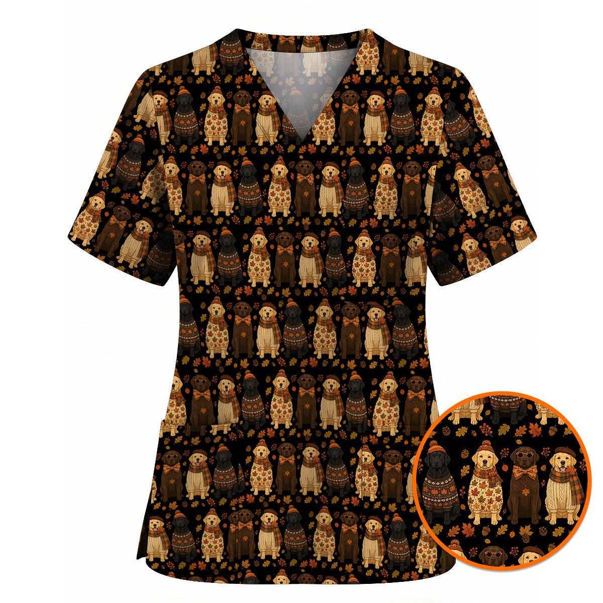 Autumn Dog Scrub Top for Nurses, Fall Labrador Retriever Nursing Uniform, Cozy Autumn Veterinary Scrubs for Dog Lovers