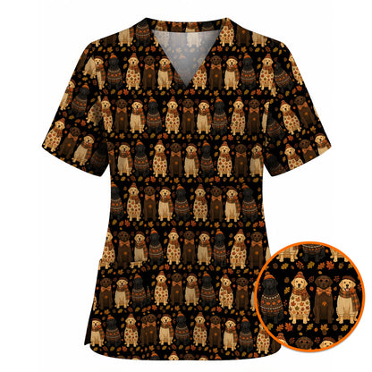 Autumn Dog Scrub Top for Nurses, Fall Labrador Retriever Nursing Uniform, Cozy Autumn Veterinary Scrubs for Dog Lovers