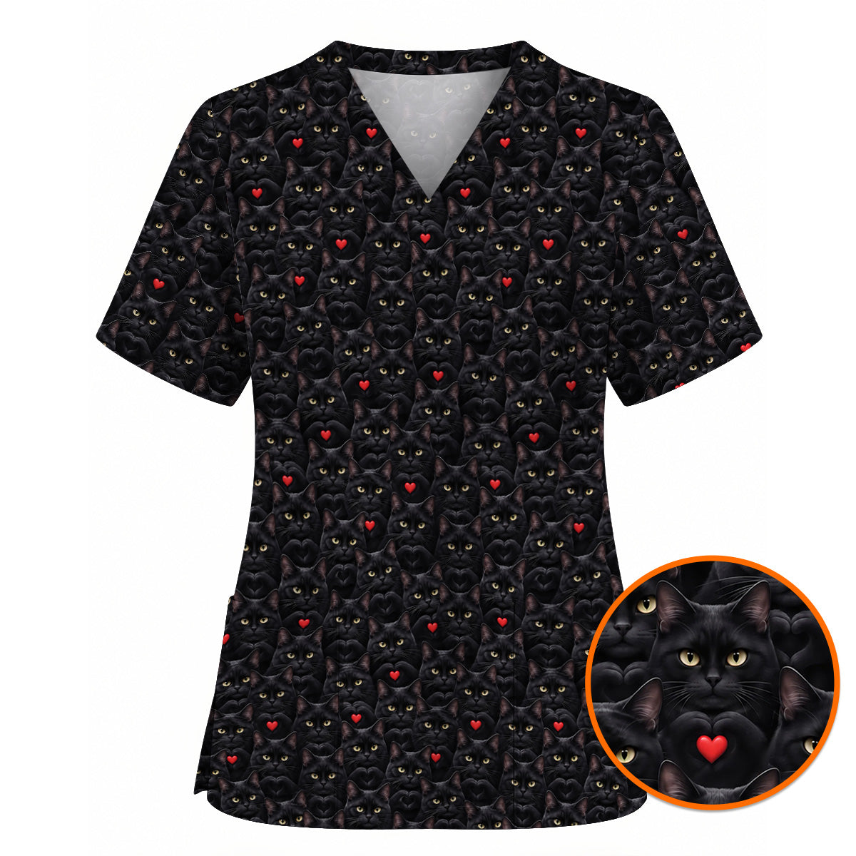 Black Cat Heart Pattern Nurse Scrub Top, Cute Cat Lover Scrubs For Nurses, Breathable Fabrics Nursing Uniform