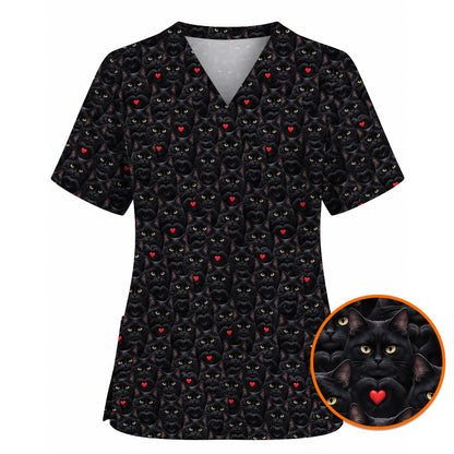 Black Cat Heart Pattern Nurse Scrub Top, Cute Cat Lover Scrubs For Nurses, Breathable Fabrics Nursing Uniform