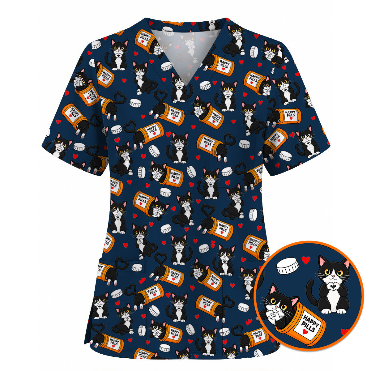 Cute Cat Nurse Scrub Top, Funny Happy Pills Medical Scrubs, Cat Lover Healthcare Uniform
